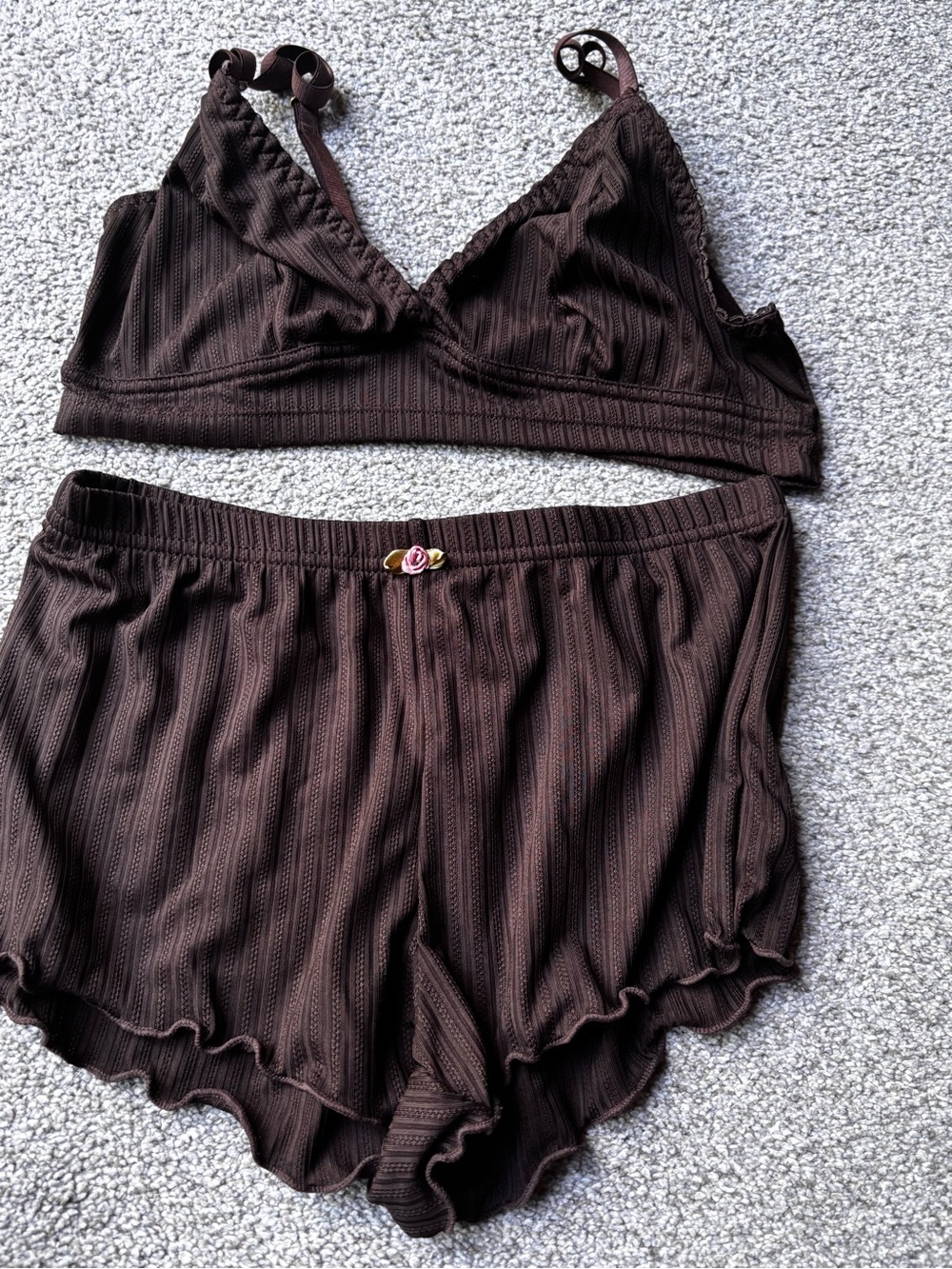 Women's Small Brown Lace-Trim Bralette & Shorts Sleep Set